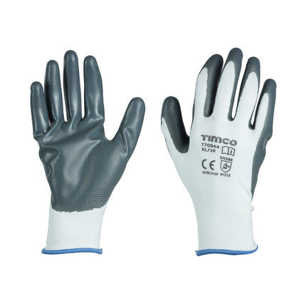Timco Secure Grip Gloves, Smooth Nitrile Foam Coated Polyester White, Grey