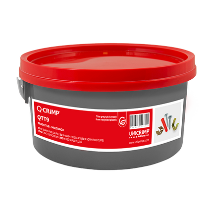 Unicrimp Trade Tub 3 Sizes Fire-Safe Cable Clips, 100x Red Wall Plugs & 100x 8 x 1.5â€ CS- QTT9