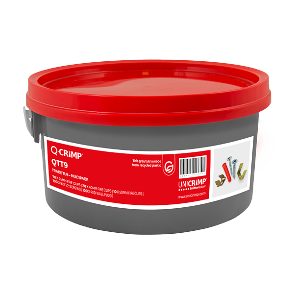 Unicrimp Trade Tub 3 Sizes Fire-Safe Cable Clips, 100x Red Wall Plugs & 100x 8 x 1.5â€ CS- QTT9
